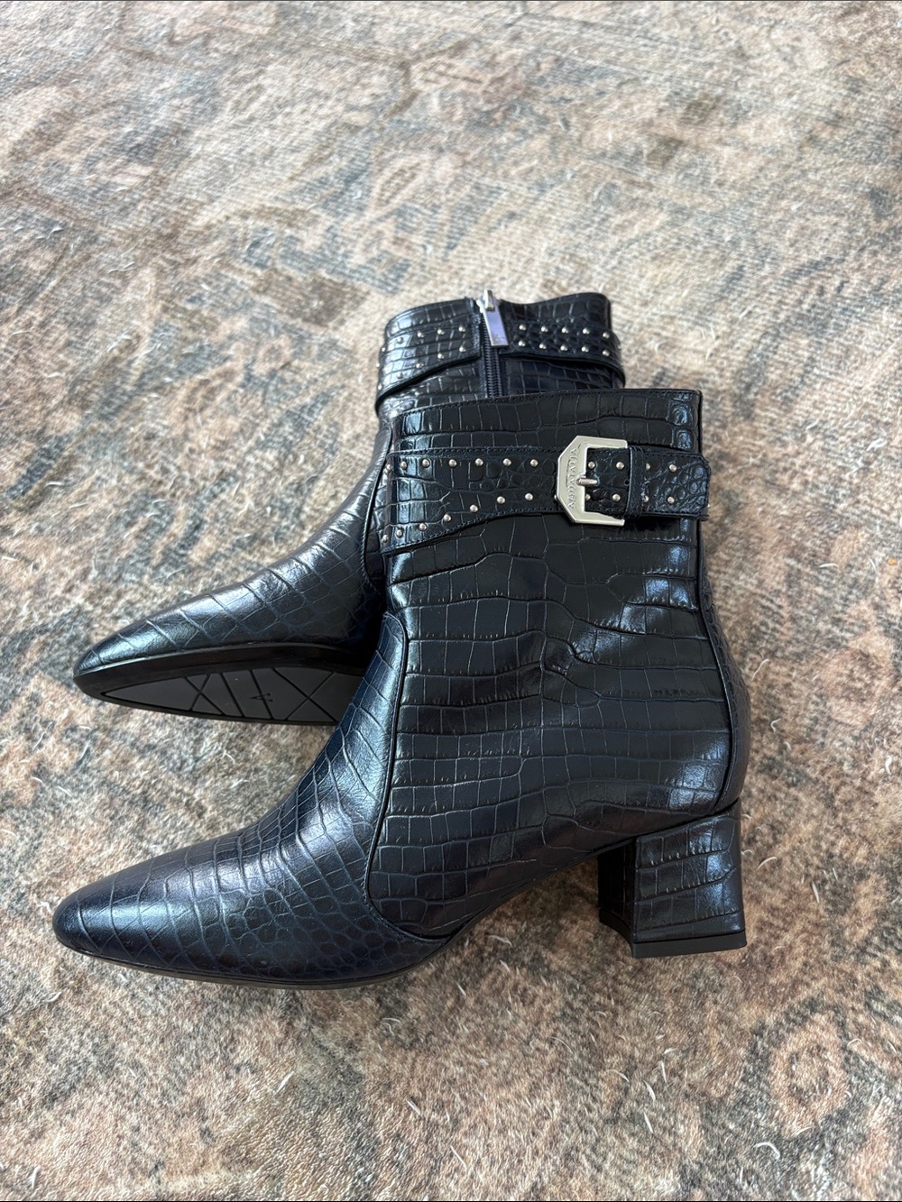 Aquatalia Croc Embossed Booties Buckle Stud Detail Blue Black size 8 M